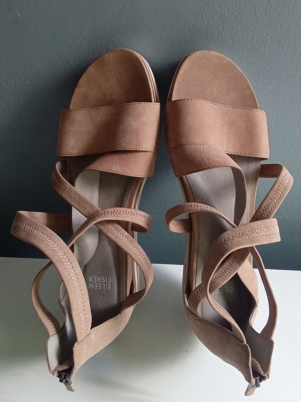 Eileen Fisher Nude Tan Nubuck Leather Strappy Platform Sandals Back Zip Womens